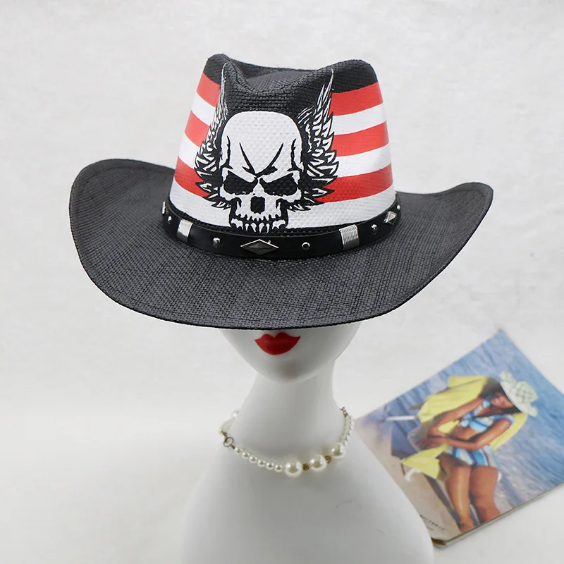 Hot Sale Western Cowboy Hat Black Men's Outdoor Hat Skull Curling Style Straw Hat