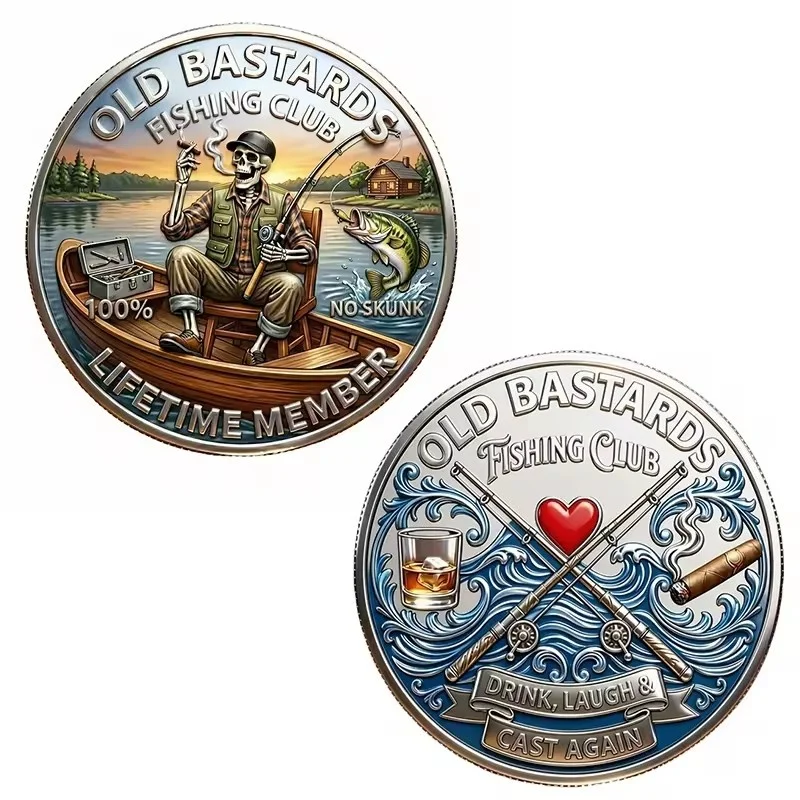 Funny Fishing Club Challenge Coin Skeleton Fisherman Commemorative Coin Collectible Souvenir Gift For Angler Fisher Lovers