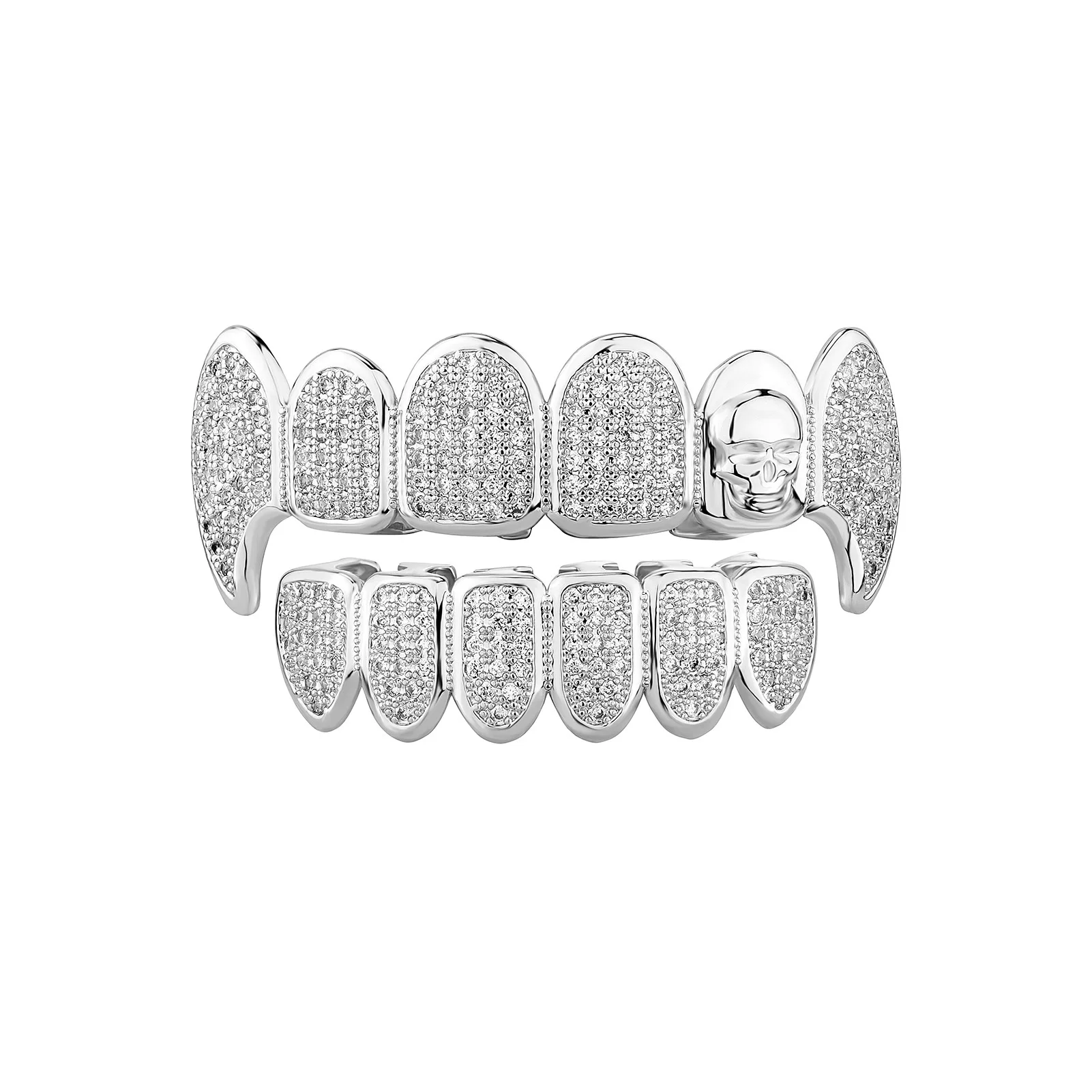 Hip Hop Full CZ Bones Teeth Grillz Caps Cubic Square Zircon Iced Out Micro Pave Top&Bottom Charm Grills Set Men Women Jewelry