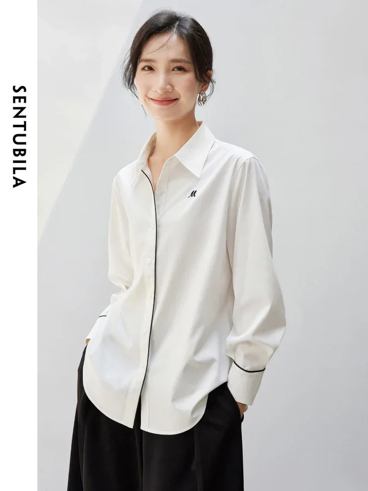 

SENTUBILA Letter Embroidery White Shirt Women 2025 Spring Contrast Trim Long Sleeve Tops Button Up Shirts & Blouse 143C56654