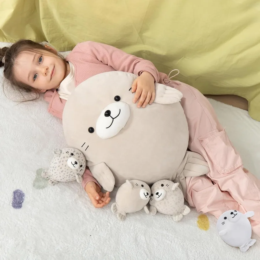 MaoGoLan 5Pcs Fat Seal Plush with 4 Babies Inside - 20 Giant Ultra Soft Seal Stuffed Animal Throw Pillow - Squishy Mother-Babie