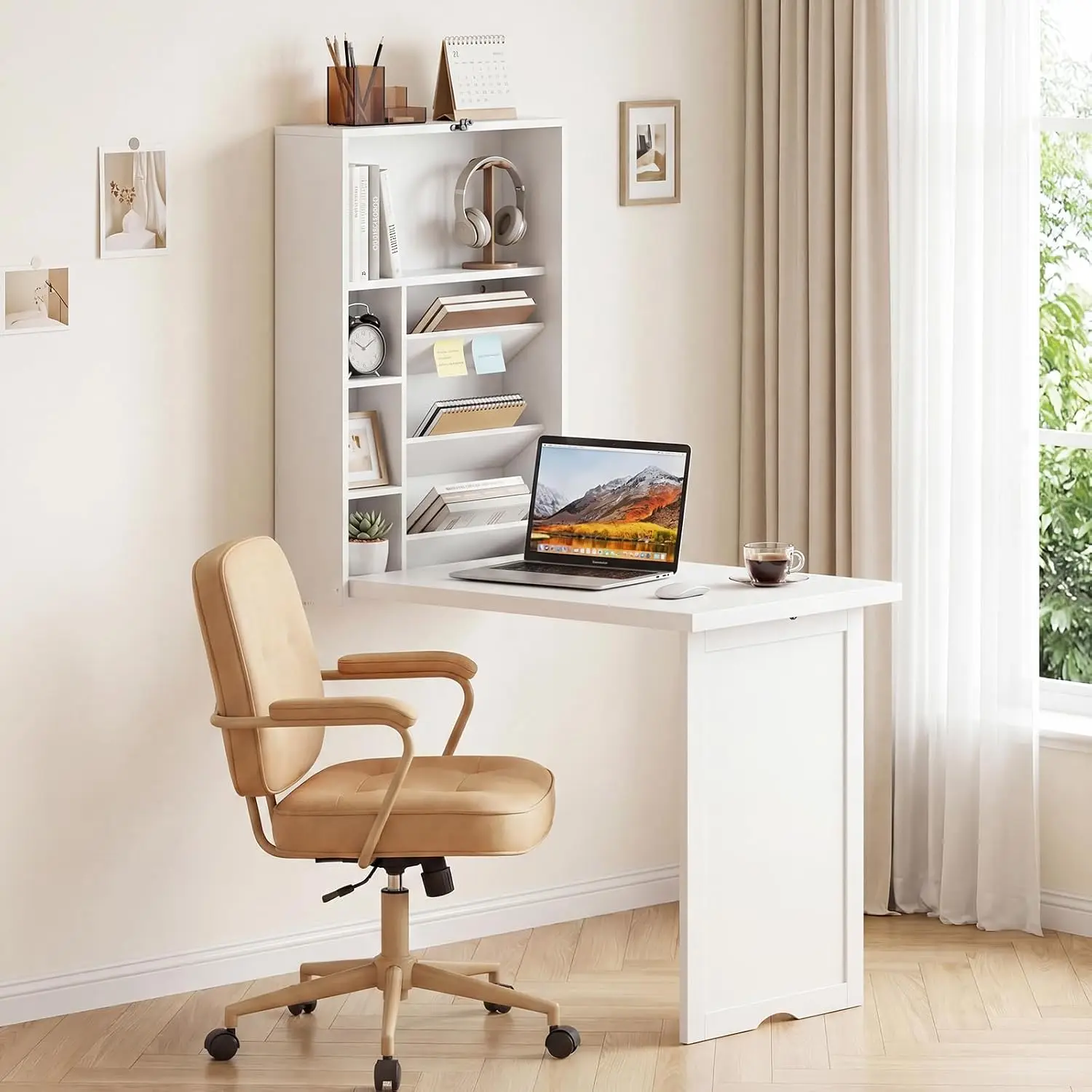 Folding Wall Mounted Desk With Drop Leaf, Convertible Floating Computer Table, Home Office Study Workstation, Hanging Organizer Shelf With Storage Compartments, Modern Style, White