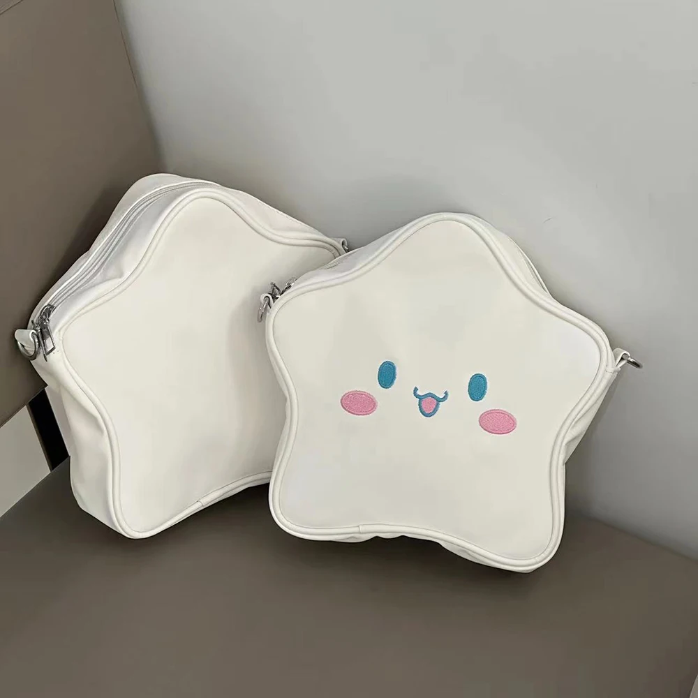 Hellokitty Cinnamorol Star Shoulder Bag Sanrio Embroidery Pu Bag Cute Cartoon Waterproof Satchel Simple Casual Backpacks Handbag