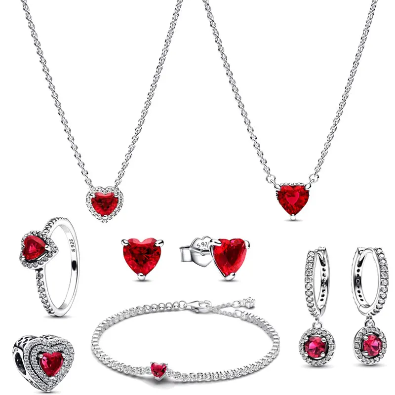 Colgante de plata 2024 para mujer, dije de Halo de corazón rojo brillante, compatible con pulsera de corazón rojo, joyería artesanal, 925