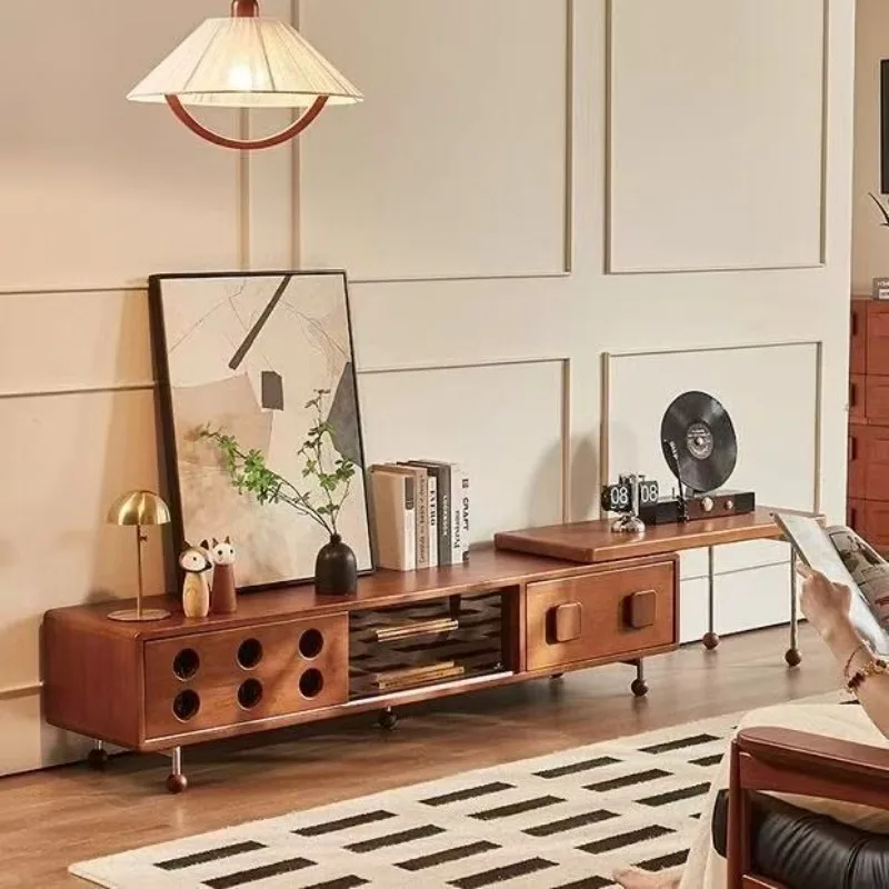 

New Chinese medieval telescopic TV cabinet solid wood storage combination French retro living room home floor cabinet