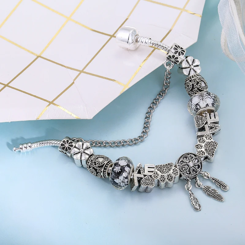 

Dinglly Fashion Bear Palm Dreamcatcher Feather Charm Bracelets For Women Men Original Flowers LOVE Beads Silver Color Bangle