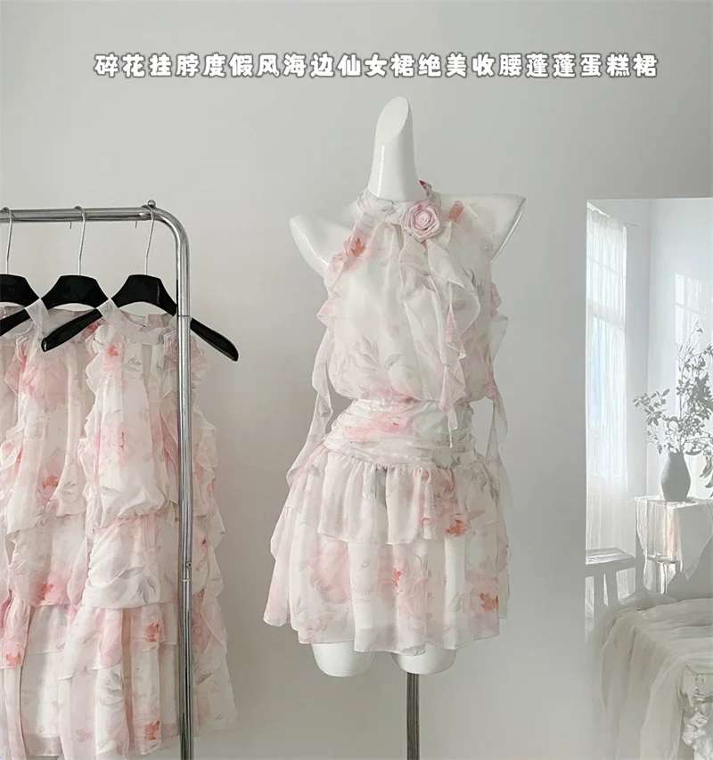 

Women's A-line Mini Dress Vintage Sleeveless Off Shoulder Flower Dresses Y2k Elegant One Piece Frocks 2000s Clothes Summer 2024