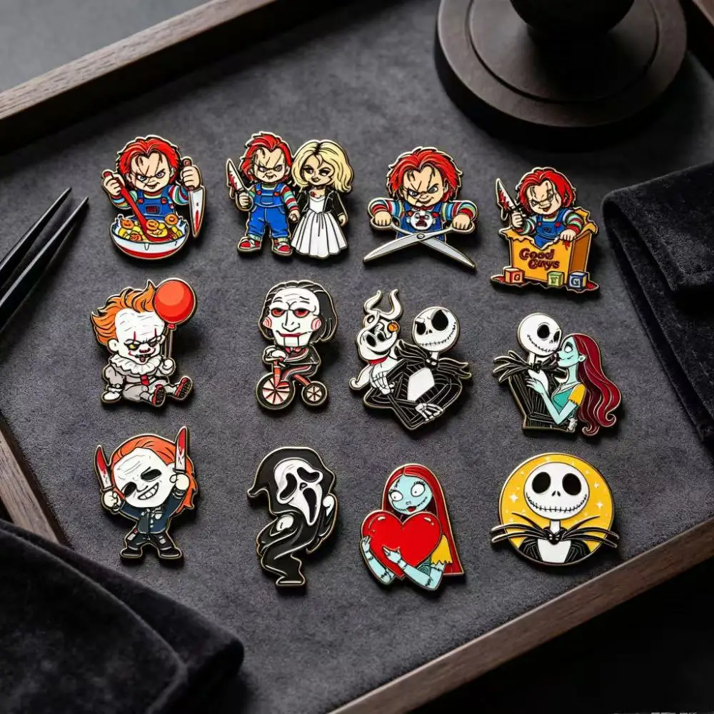 12Pcs Spooky Halloween Enamel Pins, Horror Gothic Brooches for Clothing Bags Holiday Gift