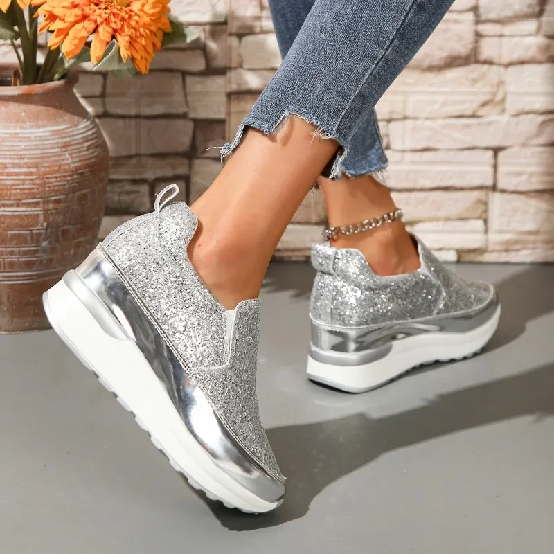 2024 Hot Sale Women's Shoes Slip-on Women's Vulcanize Shoes Fashion Sequins New Round Toe Wedge Ladies Casual Shoeszapatos Mujer