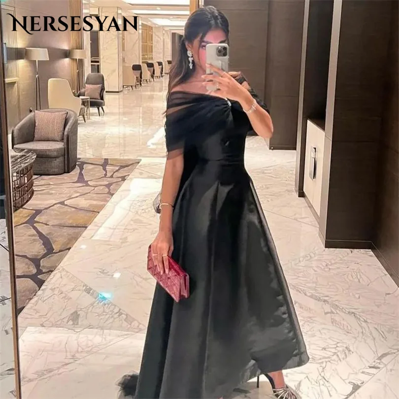 Nersesyan Elegant Black Satin Prom Gowns Backless Off The Shoulder A Line Formal Evening Dresses Draped Long Special Party Gown