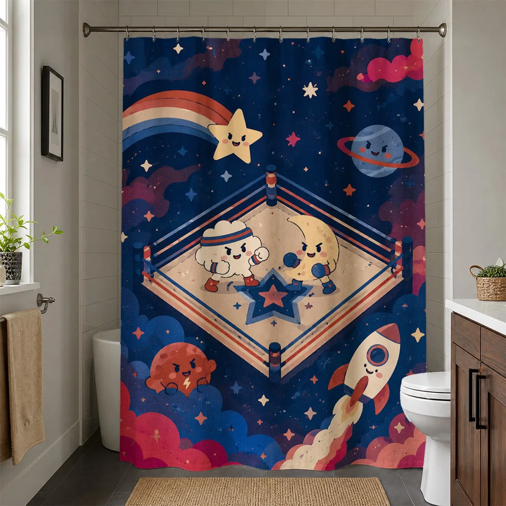 Cute Cartoon Kids Bathroom Shower Curtain Rainbow Stars Planets Rocket Fun Nursery Decor