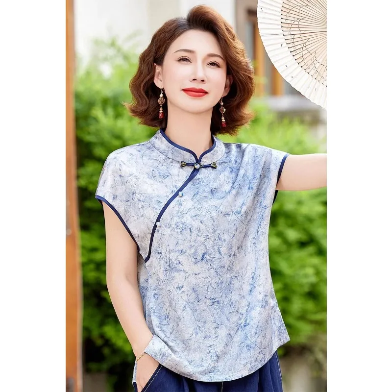 

Women's Vintage Chinese Style Frog Button Floral Print Short Sleeve Linen Blouse