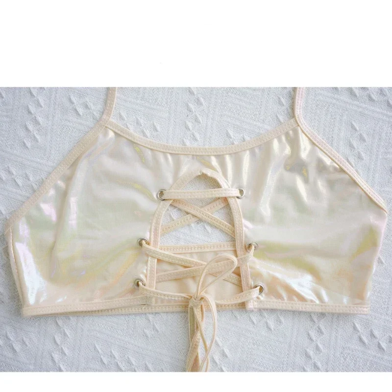 Sexy Open Chest Hollow Bandage Swimsuit Women Laser Two Piece Set Halter Swimwear Anime Cosplay Bikini Maid Nightdress MN5