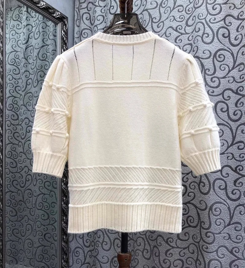 Top Quality Sweaters & Pullovers 2025 Spring Jumper Ladies Luxurious Embroidery Short Sleeve Apricot Dark Blue Wool Knitted Top