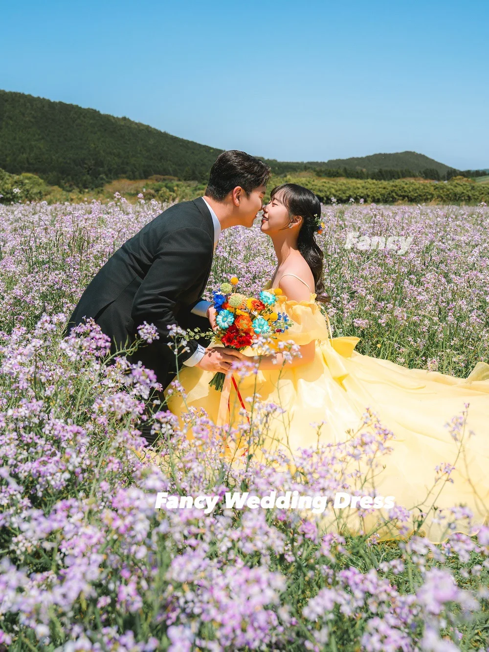 Fancy Fairy Yellow Off Shoulder Wedding Dress Korea Photo Shooot A Line Organza Bridal Gown Back Corset Customized