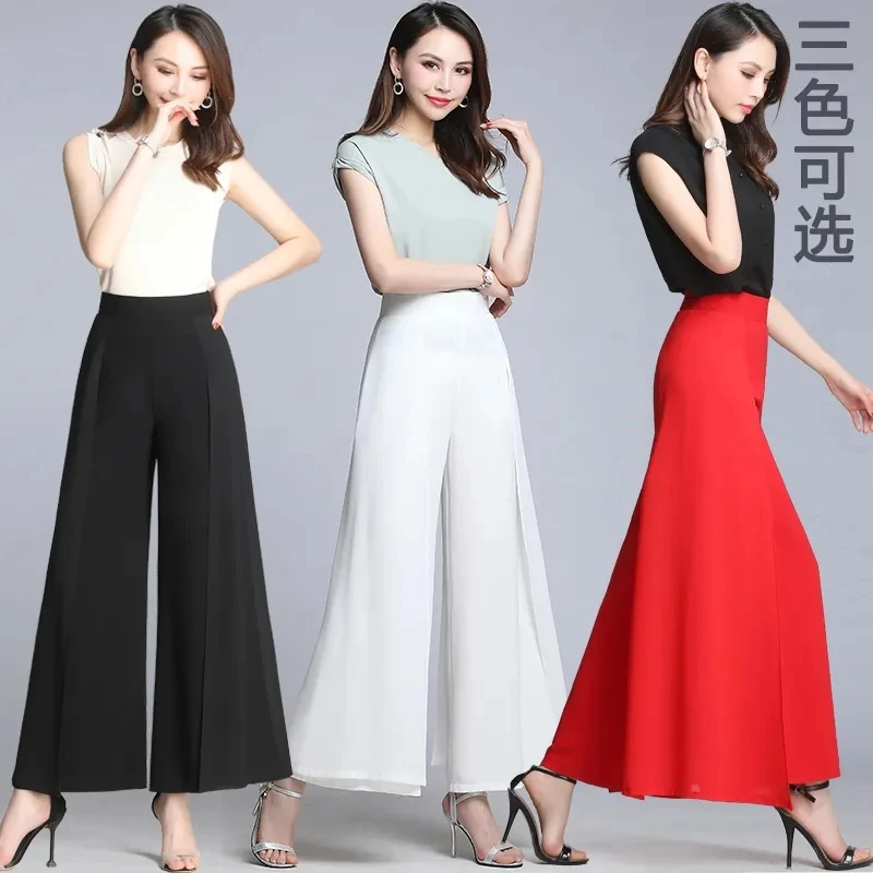 Women Chiffon Wide Leg Pants Spring Summer Thin Culottes High Waist Loose All-match Solid Lady Trousers Elegant Fashion Palazzo