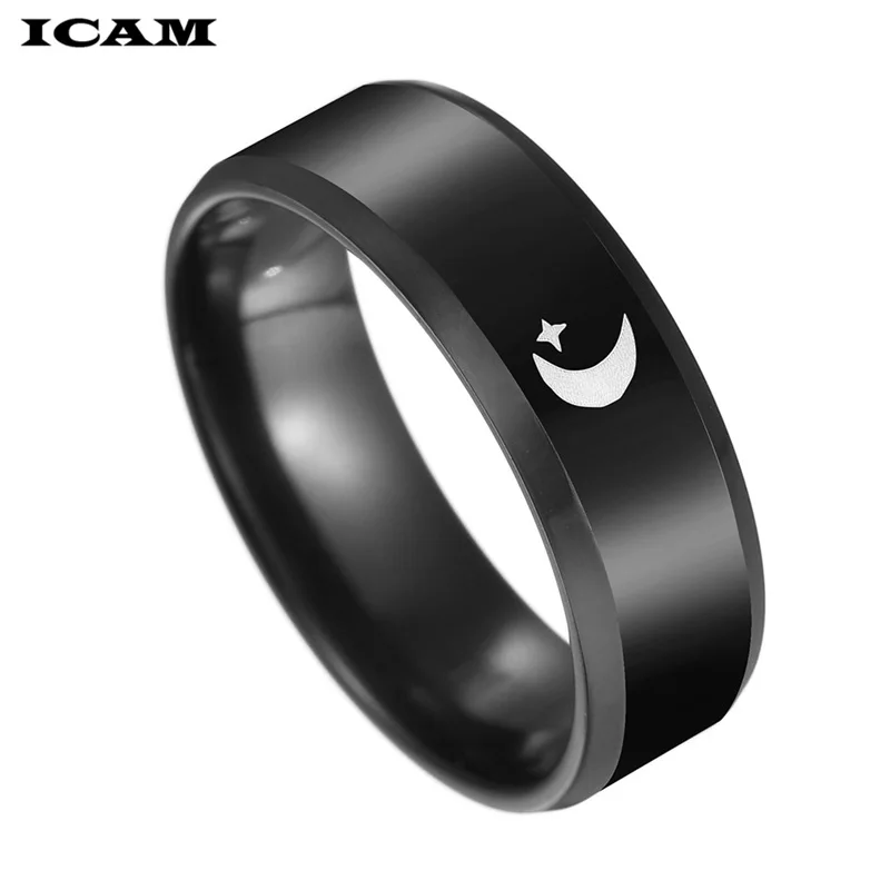 ICAM Black Titanium Stainless Steel Ring Moon Star Islam Religious Couples Rings  Lovers Jewelry