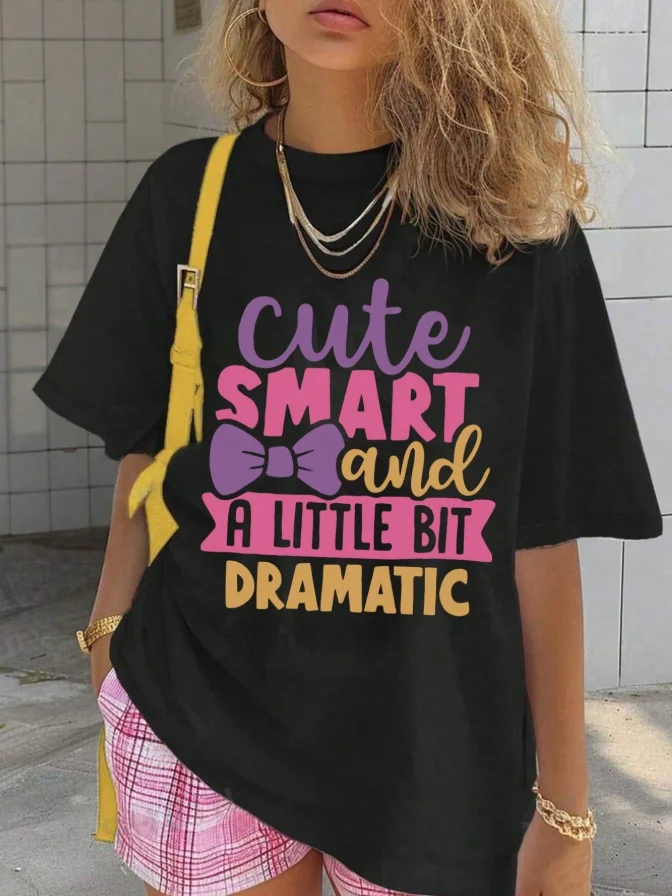 Tween Girls' Casual Slogan Printed Round Neck Pullover Short Sleeve T-Shirt For Summer