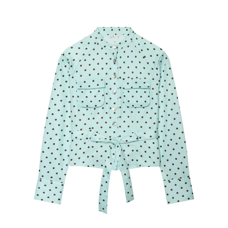 HXAO Damen-Set mit gepunkteten Mini-Shorts und langärmeliger Bluse für den Sommer, niedliche Vintage-Urlaubsoutfits – Detail 3