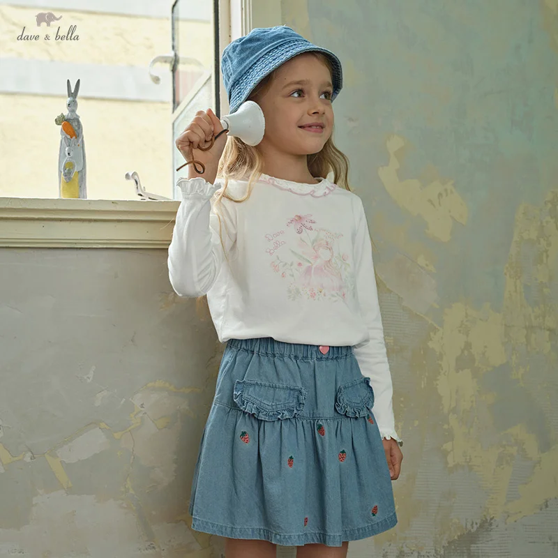 

Dave Bella Children's T-shirt Spring Lace Collar Girl's Sweet Print Casual Bottoming Shirt Baby Cotton Top Gentle DK1250528