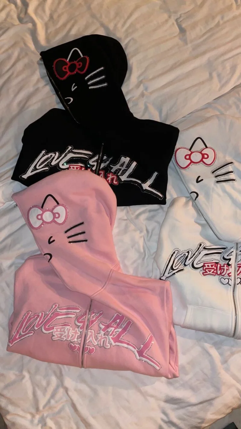 Y2K ジップアップ原宿印刷ラインストーンパターンかわいい特大パーカーカジュアル男性女性トレーナーファッションカジュアルストリート