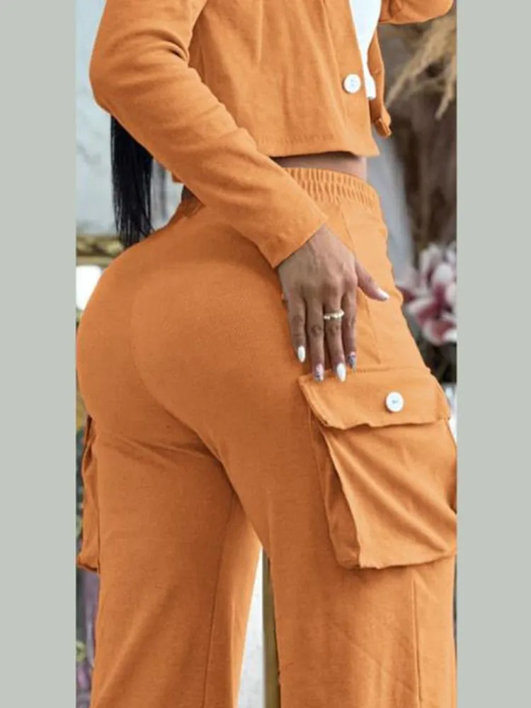 Women\'s Suits Casual Two Piece Set Outfit 2024 Spring Long Sleeve Buttoned Pocket Design Crop Top Drawstring Pants Set Women