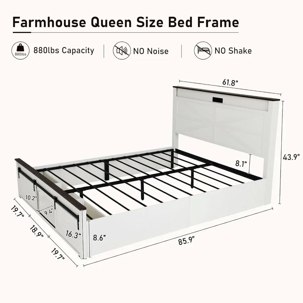 Queen Bed Frame with Sliding Barn Door Storage Cabinet，Headboard & LED，Charging Station，No Box Spring Needed，LED Bed Frame