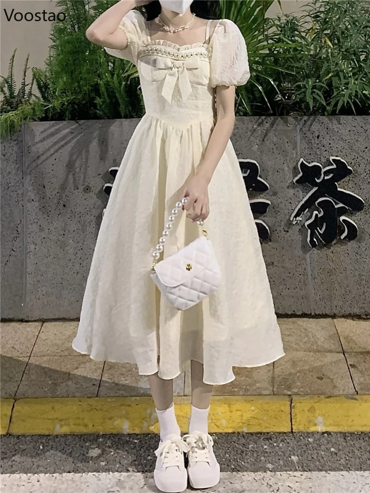 Summer Sweet Lolita Style Princess Dress Women Elegant Square Collar Bow Puff Sleeve Midi Dresses Female Casual Vacation Vestido