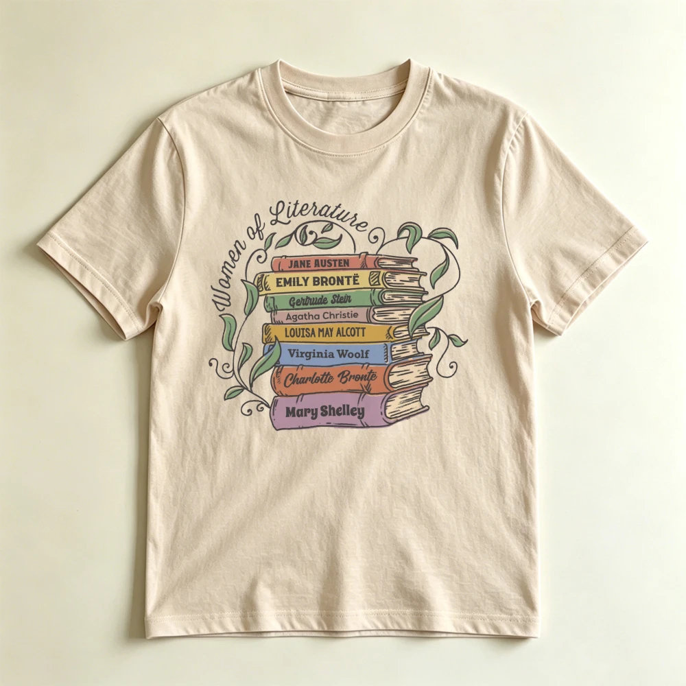 Of Literature Female Writers Book Stack Graphic T Shirt Women Vintage Book Lover Floral Vine Print Tee Soft Cotton Short Sleeve