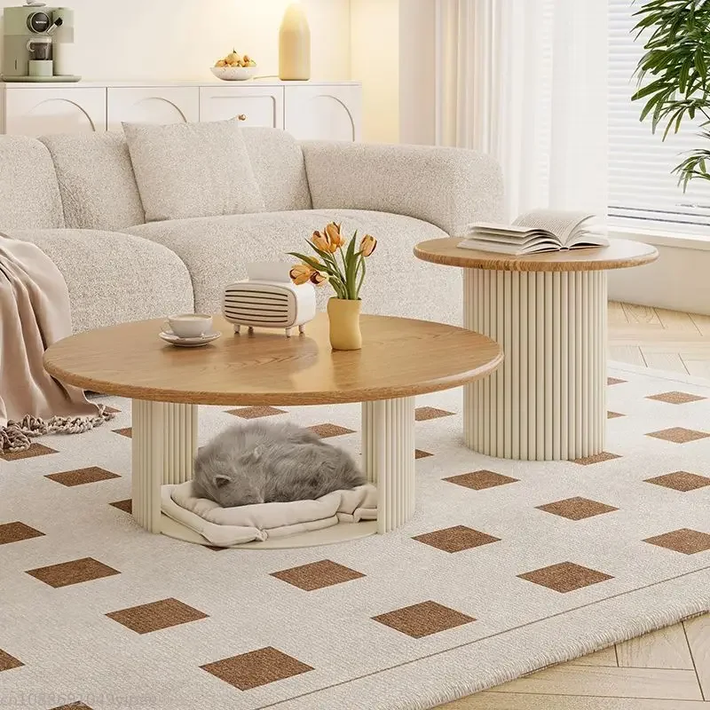 French Cream Style Coffee Table Combination Cat Nest Storage Coffee Table Solid Wood Oval Small Minimalist Furniture