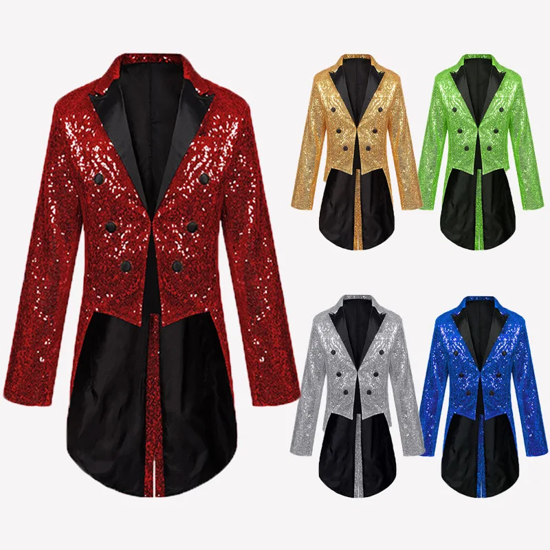 Medieval Shiny Sequin Glitter Embellished Blazer Jacket Men Gothic Victorian Frock Coat Homme Singers Stage Clothes