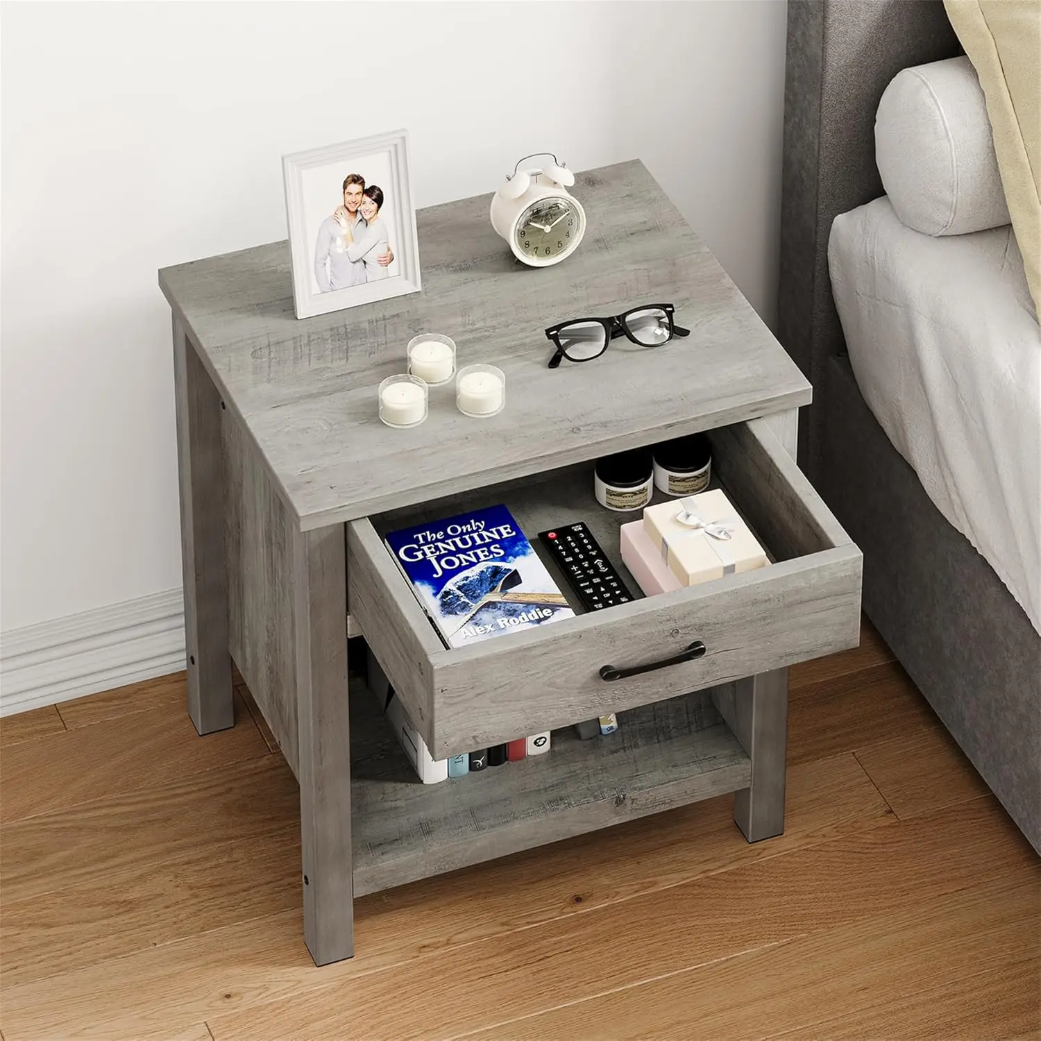 Grey Farmhouse Nightstand, Modern End Table w/Storage Drawer, Wood Night Stand Side Table for Bedroom Living Room Nursery Office