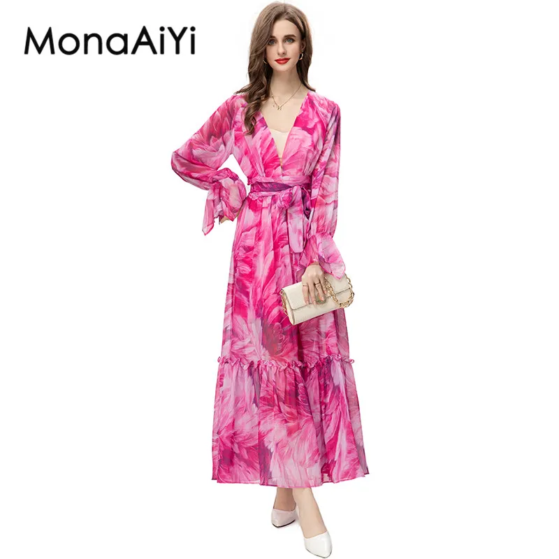 

MonaAiYi New Fashion Designer Rose Red Dress Women's Flower Printing Deep V-Neck Ruffle Sleeve With Girdle Casual Long Dresses