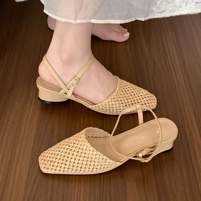 2024 Mesh Summer New Women Slip On Sandals Fashion Cane Weave Ladies Mules Shoes Square Low Heel Outdoor Casual Slipper Mujer