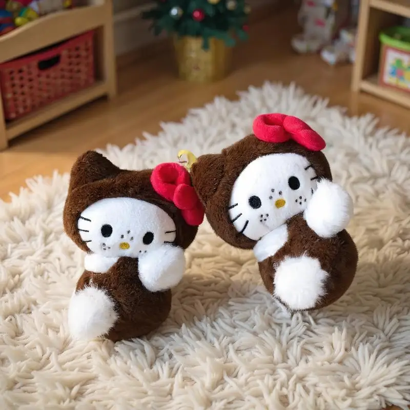 

Прекрасные плюшевые куклы Sanrio Hello Kitty, брелоки с коричневым капюшоном, красный бант KT, идеально подходят для аксессуаров для пары
