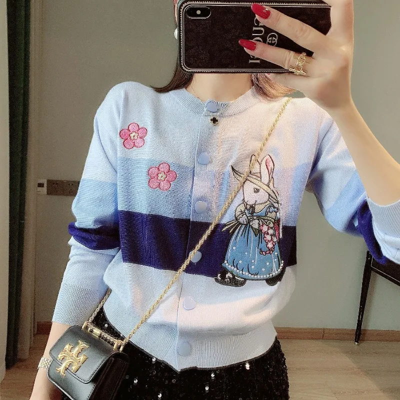 Women's Cardigan Button Printing Spring and Autumn Office Lady Round Neck Long Sleeve Striped Cartoon Embroidery Sweater Coat