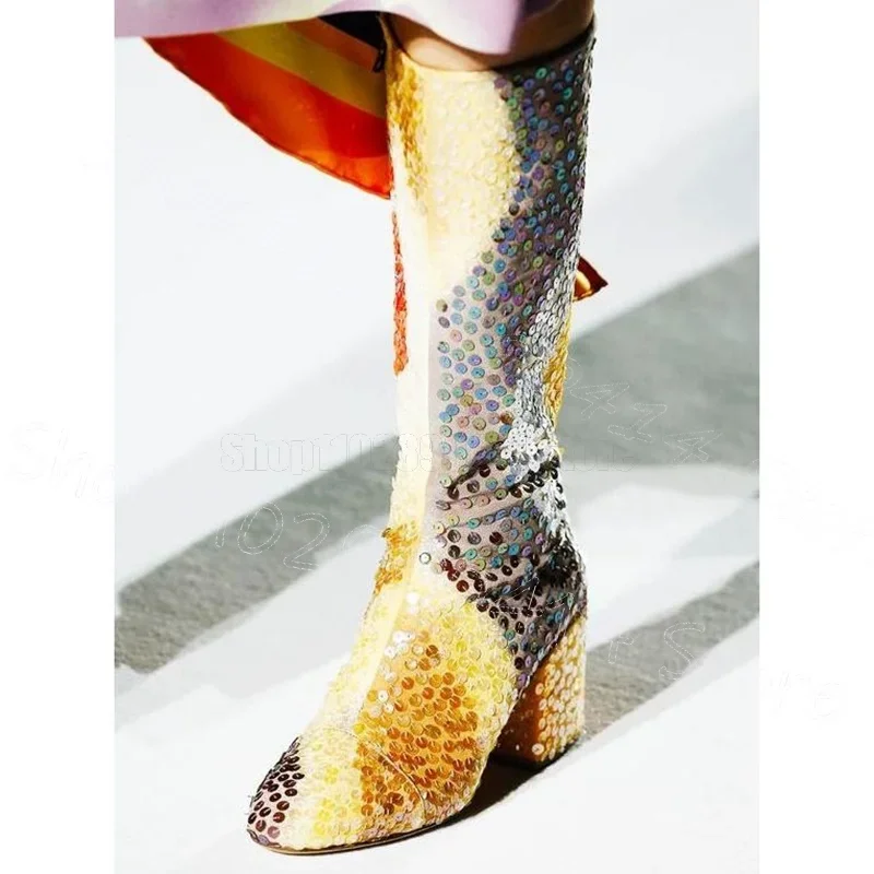 

Gold Silver Glitter Sequins Design Runway Boots Side Zipper Women Shoes Chunky High Heels Party Banquet 2025 Zapatos Para Mujere
