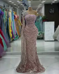 Arabic Blush Pink One Shoulder Cape Sleeve Mermaid Evening Dresses Pearls Tassel Crystals Formal Mermaid Elegant Party Gowns