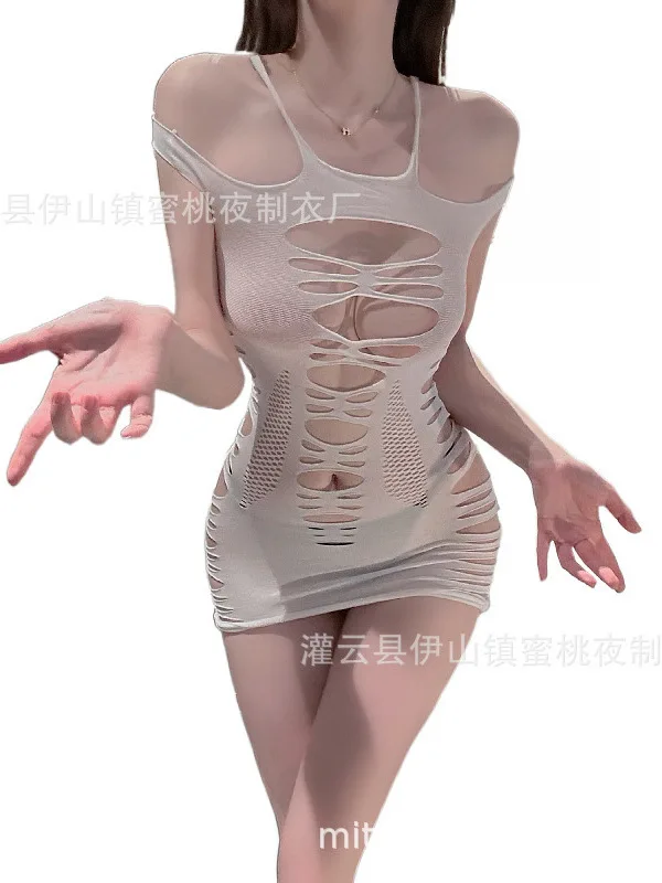 セクシーな中空サスペンダーヒップハグメッシュドレス魅惑的なホットスリムパジャマドレスエレガントなファッションセクシーな韓国女性ミニドレス HM0R