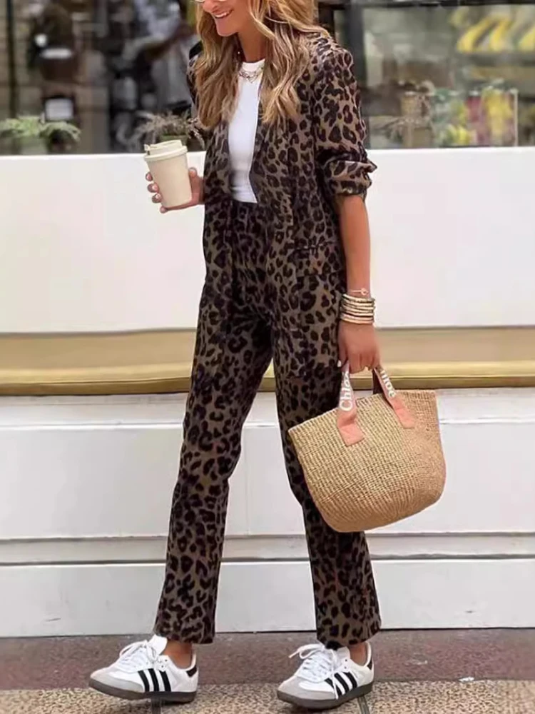 

Women Pant Set Two Piece Sets Leopard Print Turn Down Collar Elegant Matching Sets Work Slim High Waist Temperament Long Pants