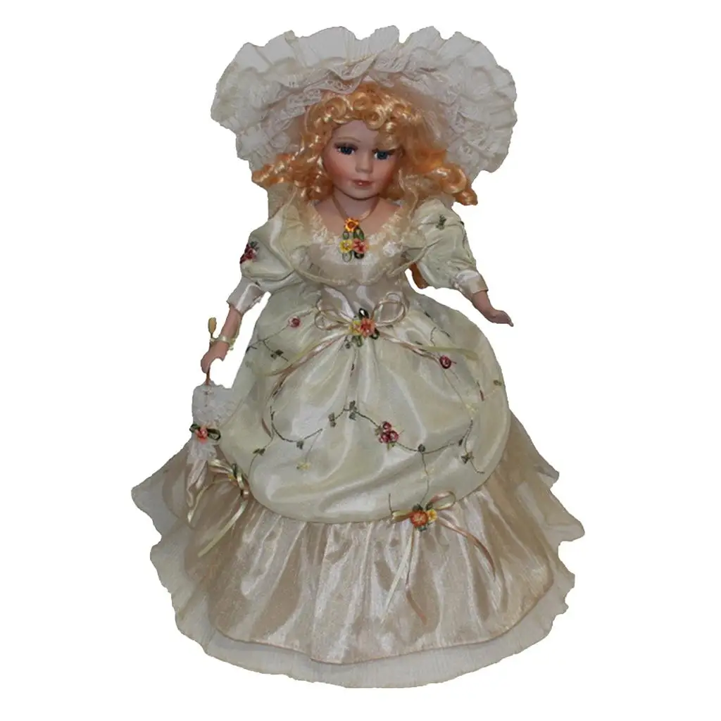 Porcelain Doll 16 inch Standing With Beige Overlay Gown and Matching Hat With Lace Trimming
