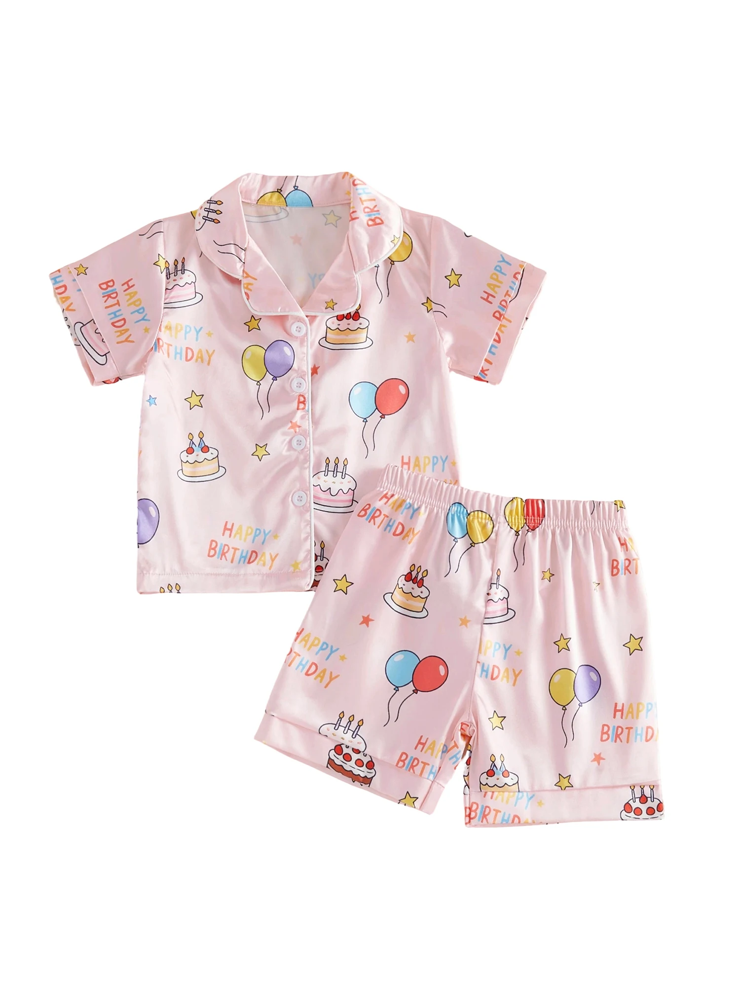 Girls Birthday Satin Pajama Set with Cake Print
