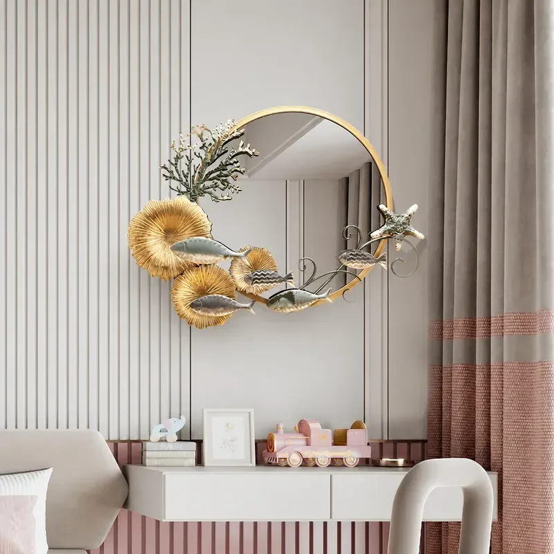 Modern Light Luxury Wrought Iron Pendant Wall Mirror Bathroom Soft Makeup Mirror For Restaurant Entrance Decor