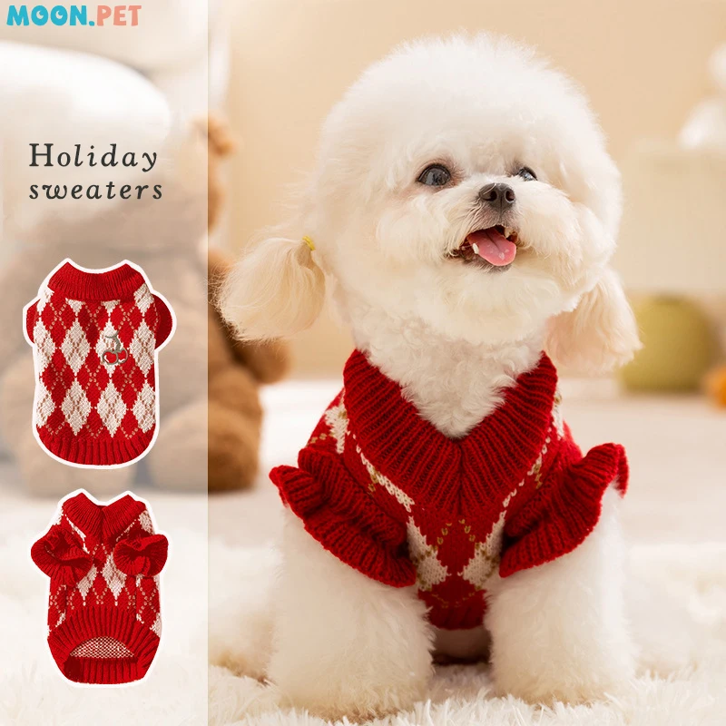 

Christmas Dog Sweater Festive Celebration cherry Embroidery Puppy Clothes Teddy Schnauzer Pullover Dog Knit Sweater ﻿