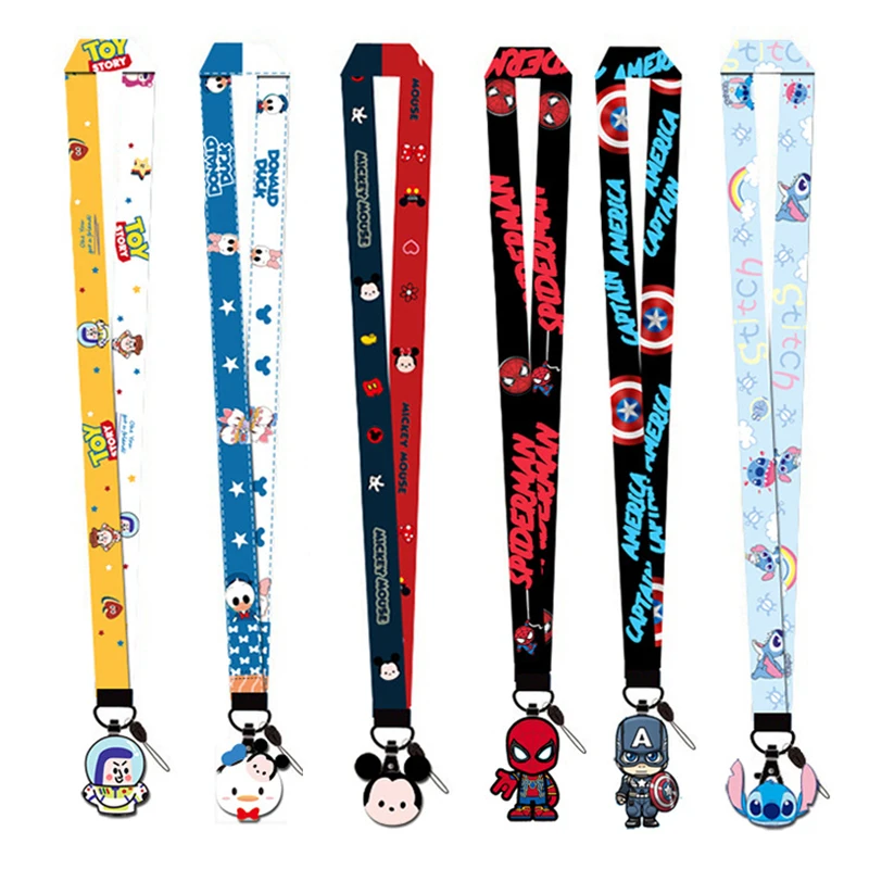 Disney Marvel Mickey Mouse Spiderman Action Figure Keychain ID Card Cartoon Lanyards Neck Strap Collection Toys for Children