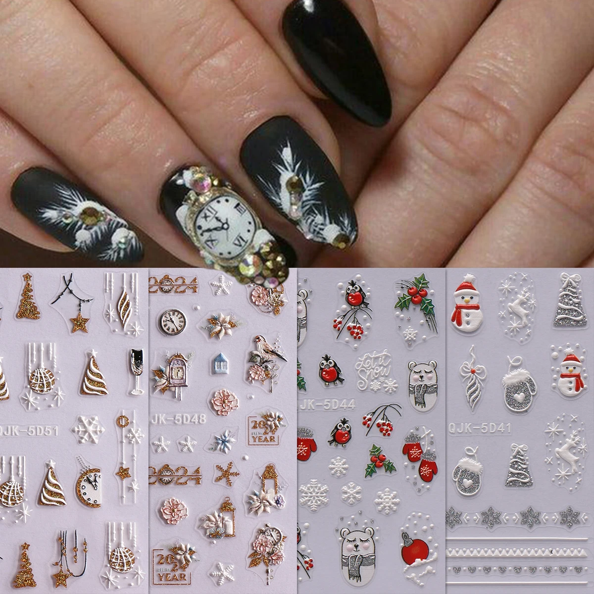 4 Stück Weihnachts- und Neujahrs-Cartoon-Nagelkunst-Aufkleber mit Prägung, einfach für Nageldekoration, Heimwerken, Geschenke, Partymake-up