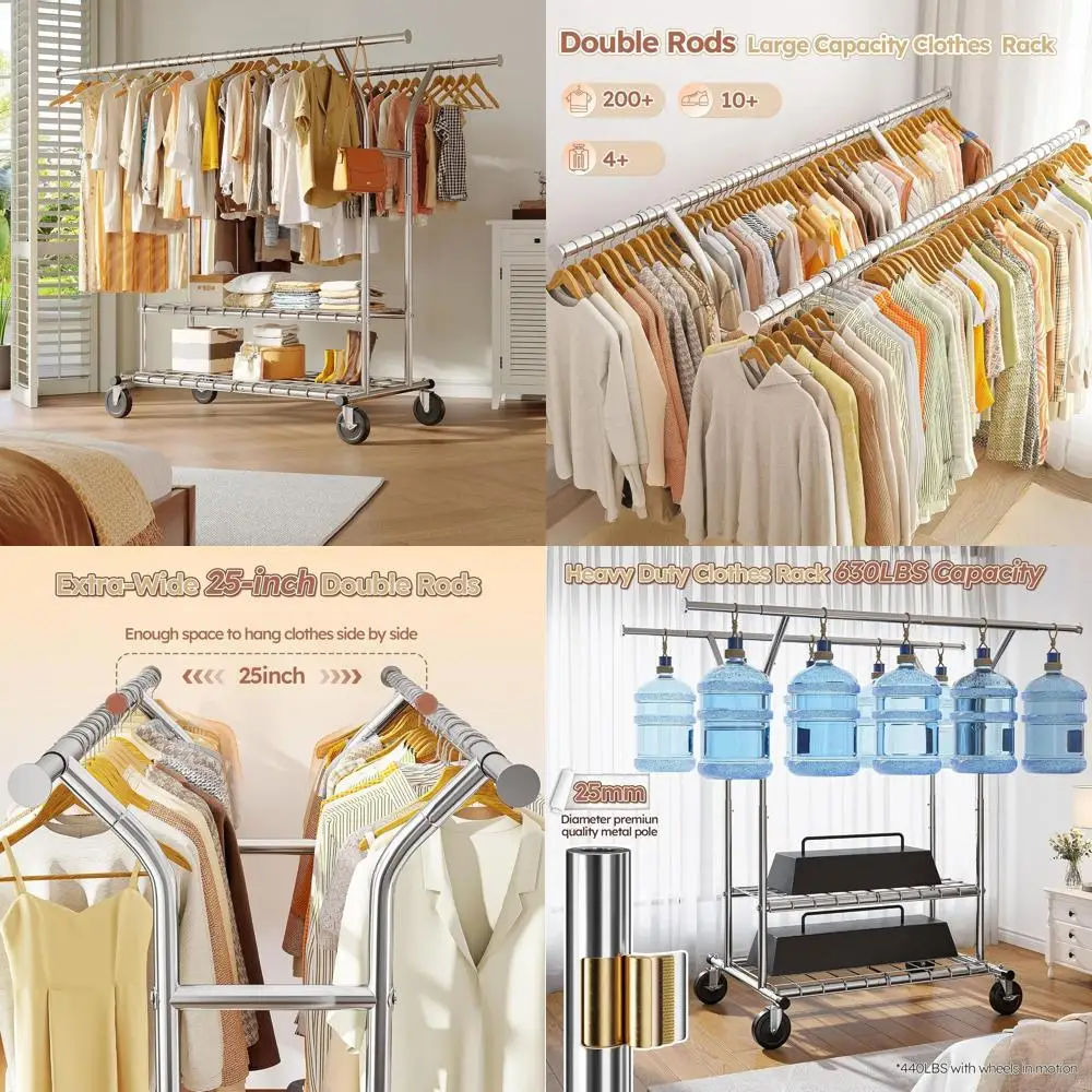 

Heavy-Duty 74 Wide Double Rod Rolling Clothes Rack, Holds 630lbs, Ideal for Bedrooms, Laundry Rooms, and Retail Stores