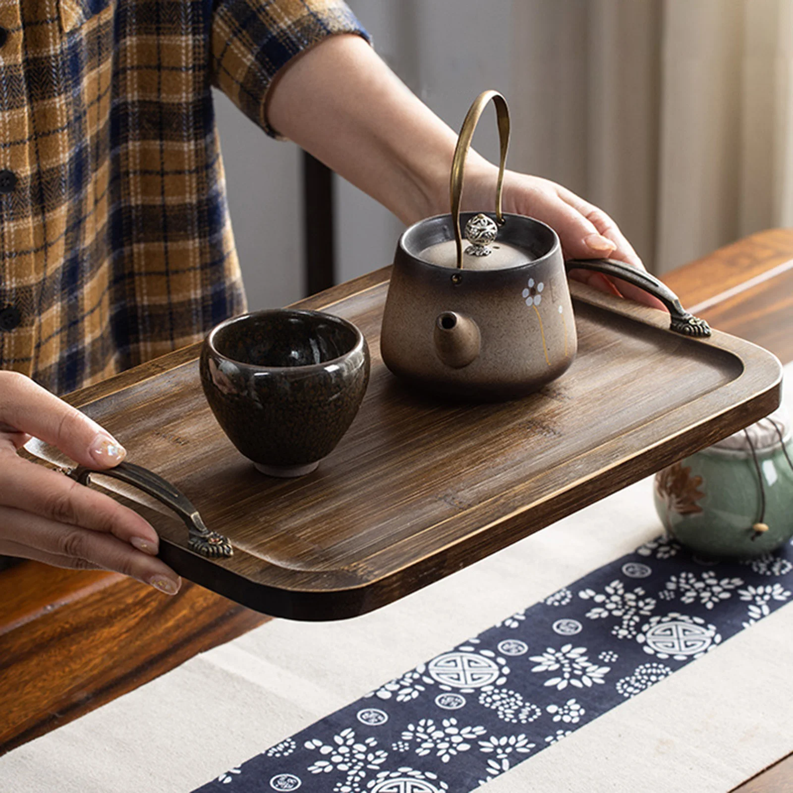 Bamboo Serving Tray with Metal Handles Dinning Coffee Tea Bread Organizer Tray for Home Living Room Bathroom Organizer