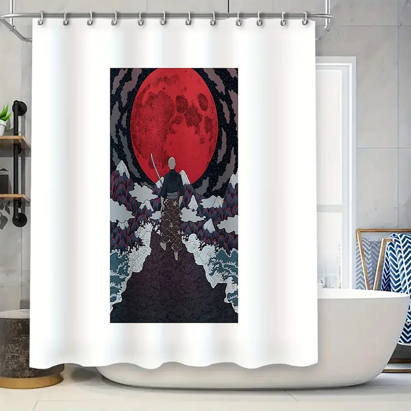 Cortina de ducha samurái de Luna ondulada japonesa, tapiz artístico Washoku, decoración de baño, decoración del hogar de estilo japonés, habitación estética Vintage D