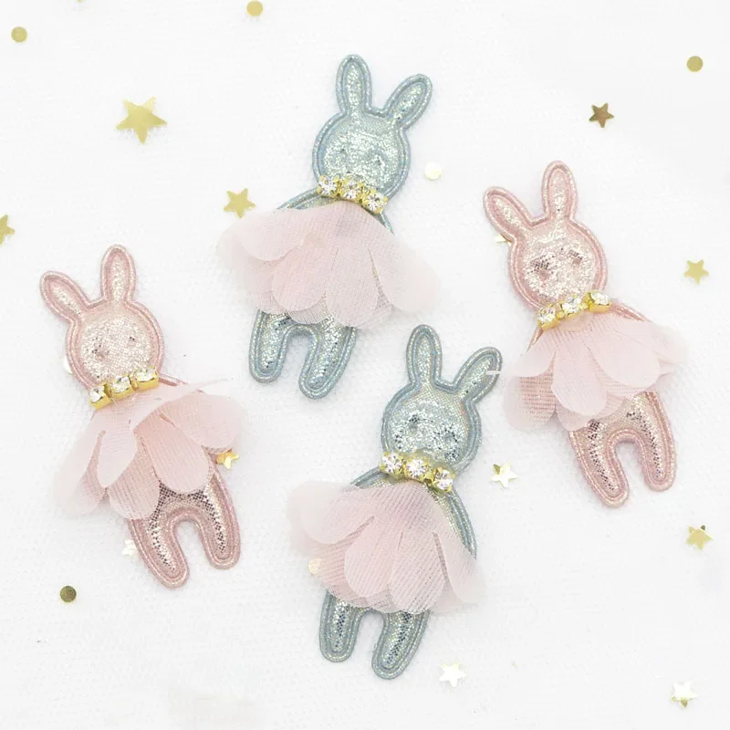 10Pcs 24*50mm Glitter Padded Patches Rabbit with Rhinestone Mesh Skirt Appliques for Clothes Hat Leggings Decor DIY Headwear